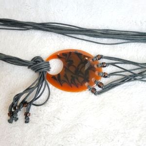 String Tie Belt Black Beaded Fringe Knot Boho Vintage Brown Tortoise Shell Loop